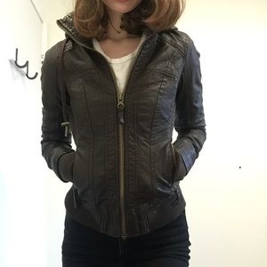Brown Faux Leather Garage Jacket with Hood